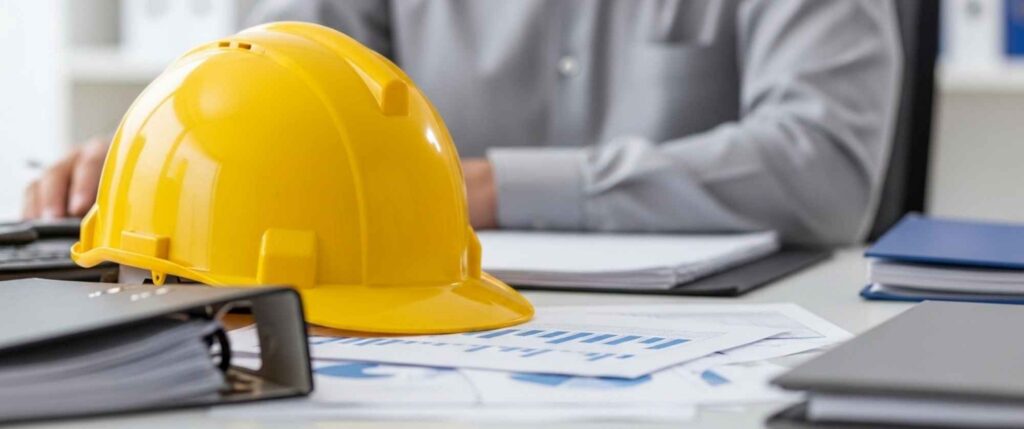 A man wearing a grey shirt sitting on a desk with a construction worker hard hat and blueprints filing a mechanics lien in Washington