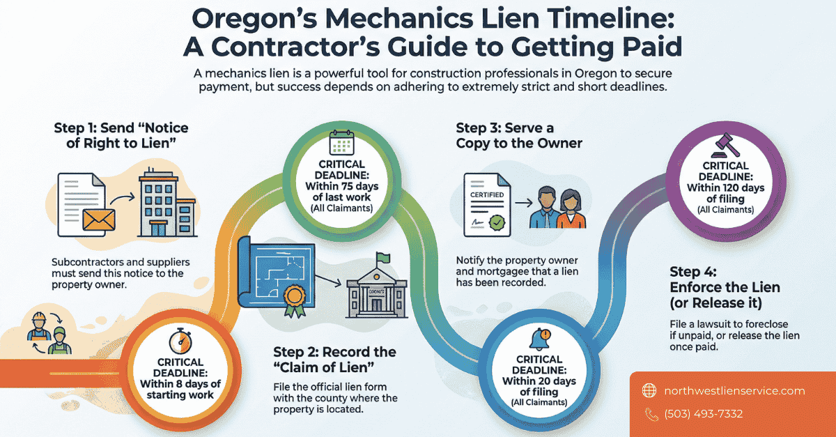 Oregon Mechanics Lien Timeline and Steps infographics