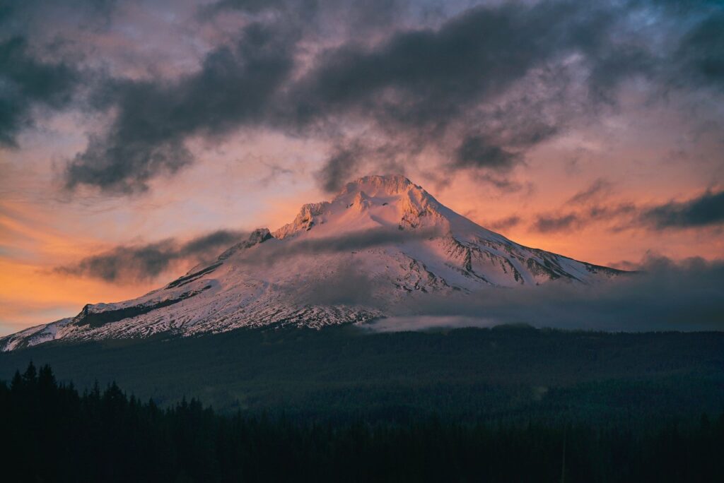 Mt Hood in Oregon at Sunrise covered by clouds