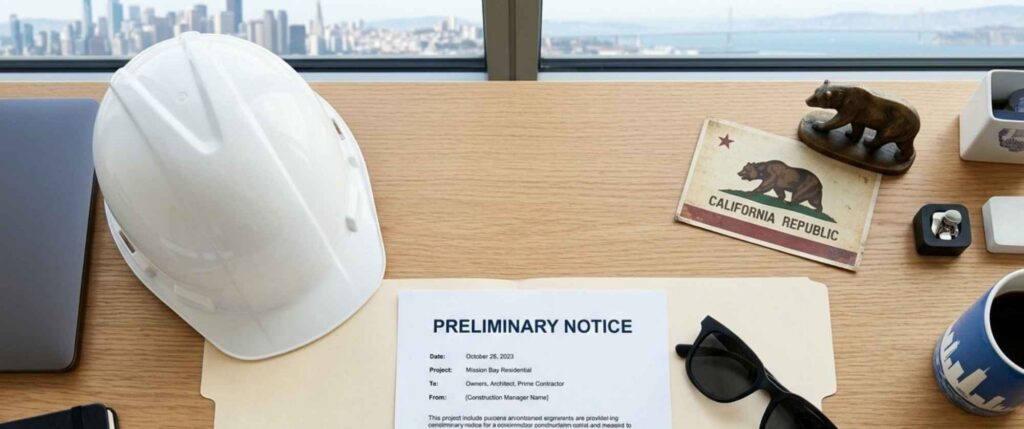 A top-down flat lay shot of a modern, clean construction manager's desk. The desk features a white hardhat, an open manila folder showing a document titled 'Preliminary Notice', a sleek silver pen, and a pair of modern sunglasses. In the corner of the desk sits a vintage postcard or subtle desk ornament featuring the California state bear silhouette. The lighting is bright, crisp, and professional, mimicking a high-end San Francisco or Los Angeles architectural firm.
